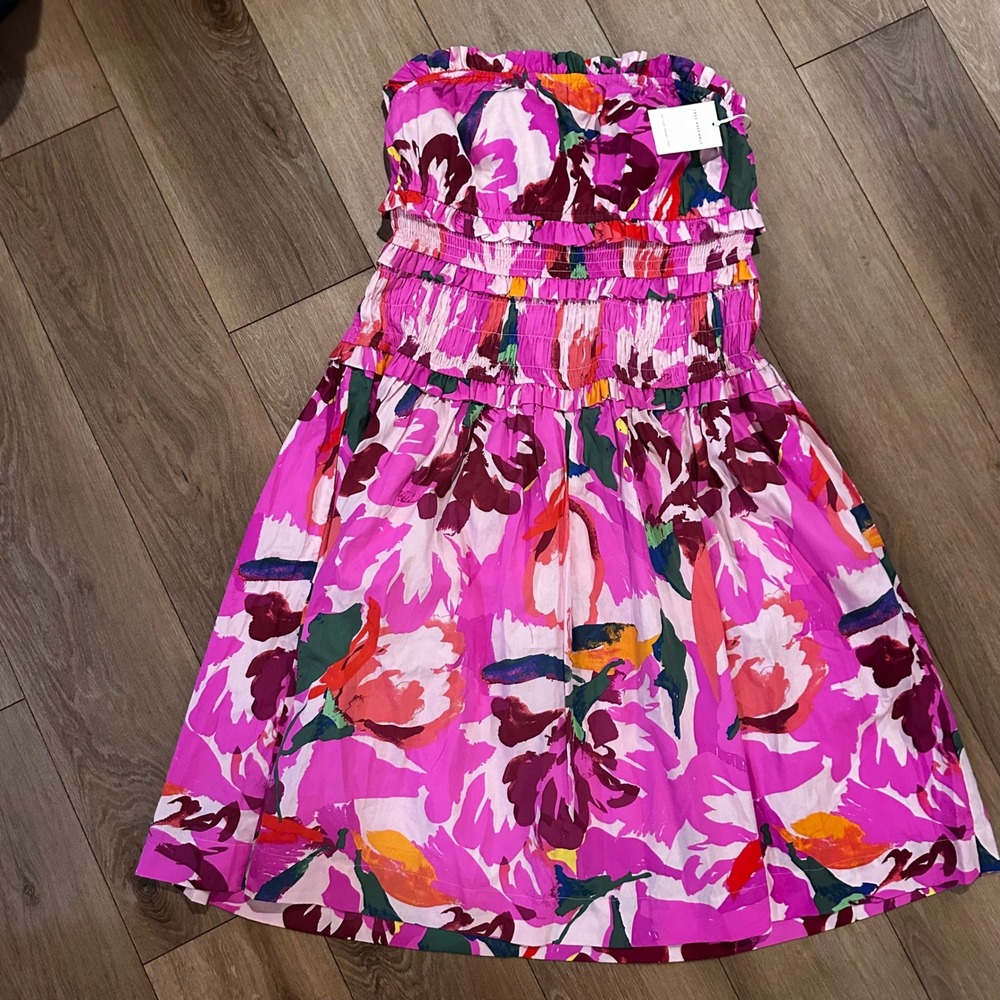 Free Assembly Pink Floral Smocked Strapless Midi Dress XXL 20 Pockets